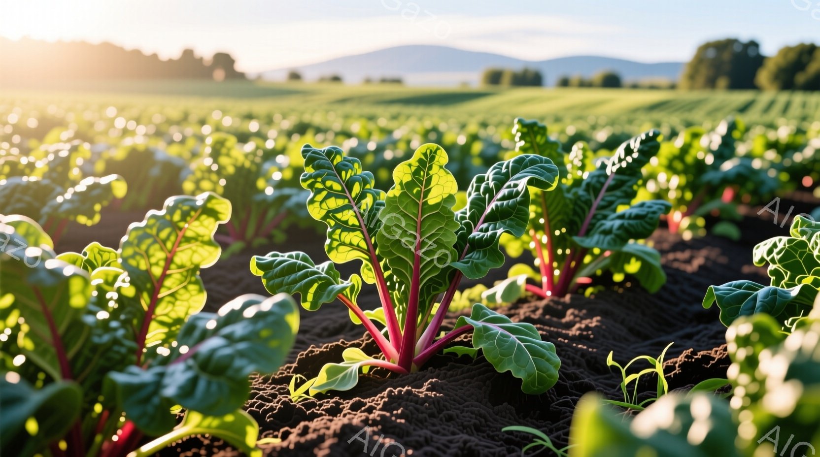 畑には赤軸のビーツが密集して生えており、深い緑色の葉が太陽の光を浴びています。土は黒く耕され、遠景には緑豊かな丘陵地帯が広がり、穏やかな晴天の下、作物は力強く成長しています。全体的に、自然の恵みと農作 - AI生成フリー素材