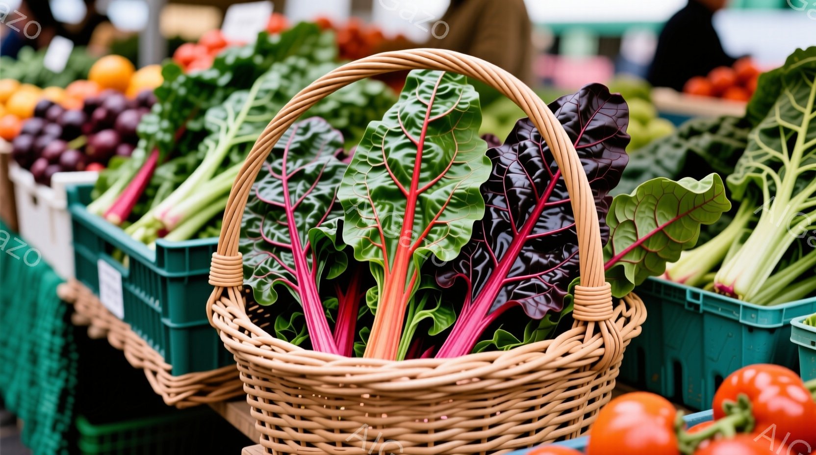 鮮やかなピンクと緑の茎を持つビーツが、籐編みのバスケットにたっぷり詰め込まれています。背景には、緑色のプラスチックのクレートに入った他の野菜、特にトマトやキャベツが見え、市場や農産物直売所の賑やかな様子が伺えます。全体的に、新鮮でカラフルな農作物が豊富に並び、活気のある雰囲気が漂っています。