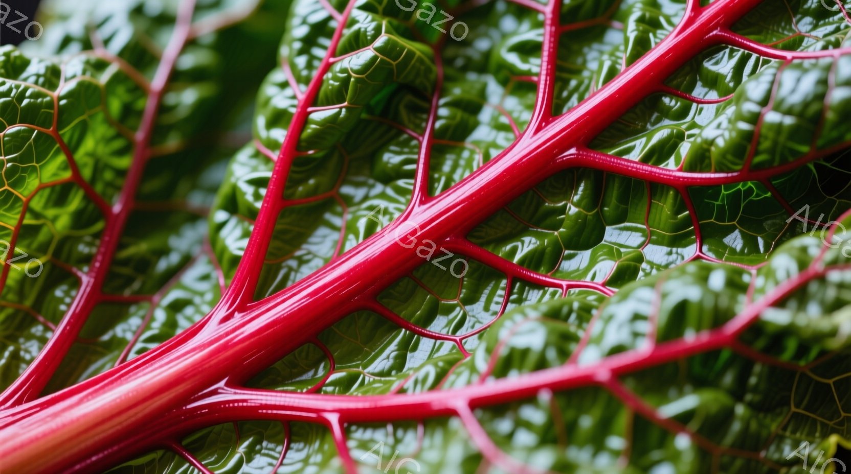 鮮やかな緑色の葉脈が赤色の茎を際立たせる、赤ビーツの葉のクローズアップ写真です。葉の表面には細かい凹凸があり、光沢感があります。背景はぼかされており、葉の鮮やかな色彩と独特の質感が強調されています。 - AI生成フリー素材