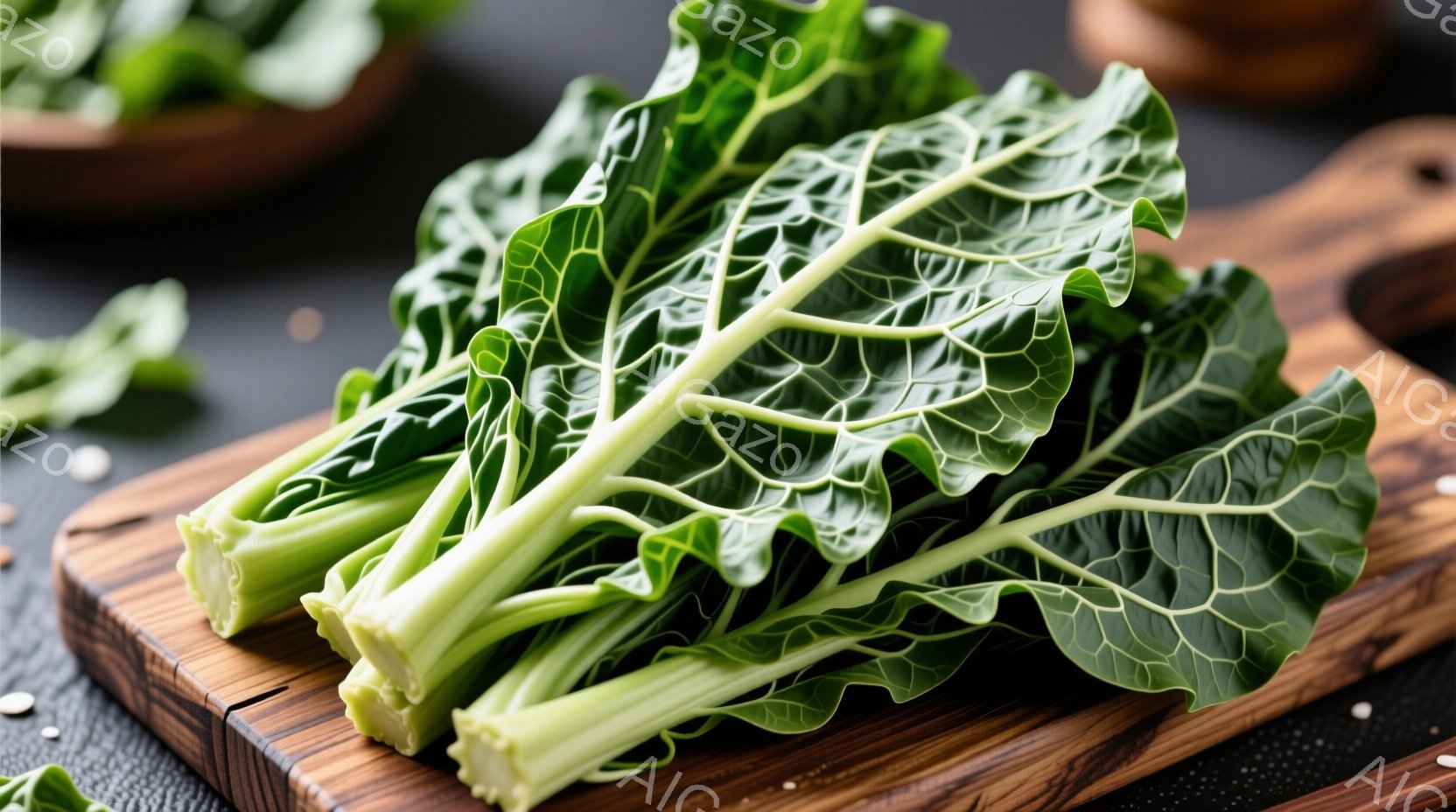 鮮やかな緑色の小松菜が、木製のプレートの上に積み重ねられています。プレートは暗い色の背景に置かれ、白い粒状のものが散りばめられています。全体的に、新鮮で健康的な食材を強調した、落ち着いた雰囲気の静物画です。