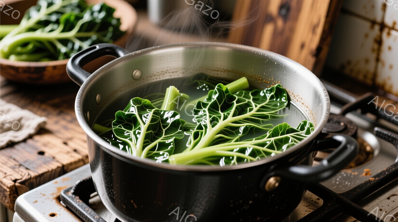 鍋には緑色の野菜、おそらく小松菜が湯の中で茹でられています。鍋は黒いハンドル付きで、ガスコンロの上に置かれ、湯気が出ています。背景には木製のテーブルと、同じ野菜が入ったお皿がわずかに見え、家庭的な料理の準備風景が伝わってきます。