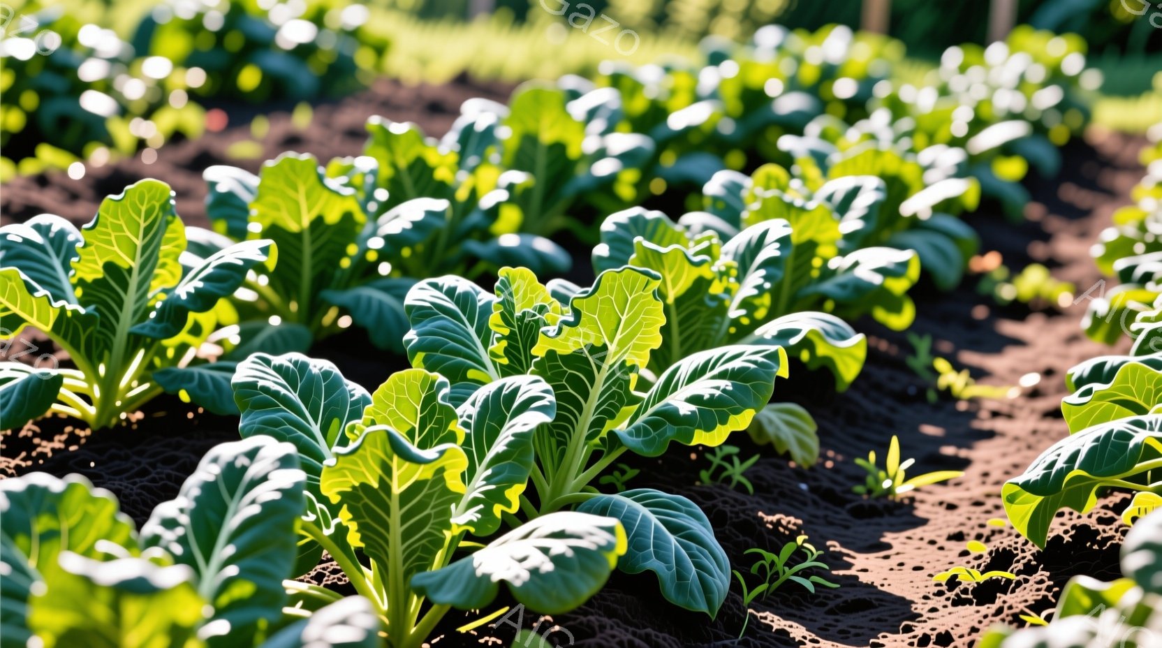 野菜畑が広がり、緑色のキャベツの葉が密集して生えている様子が写っている。太陽光が葉を照らし、葉脈がはっきりと浮かび上がり、影が地面に落ちている。土は黒く、キャベツの葉の鮮やかな緑色と対照的で、畑全体が活気に満ちた雰囲気を醸し出している。