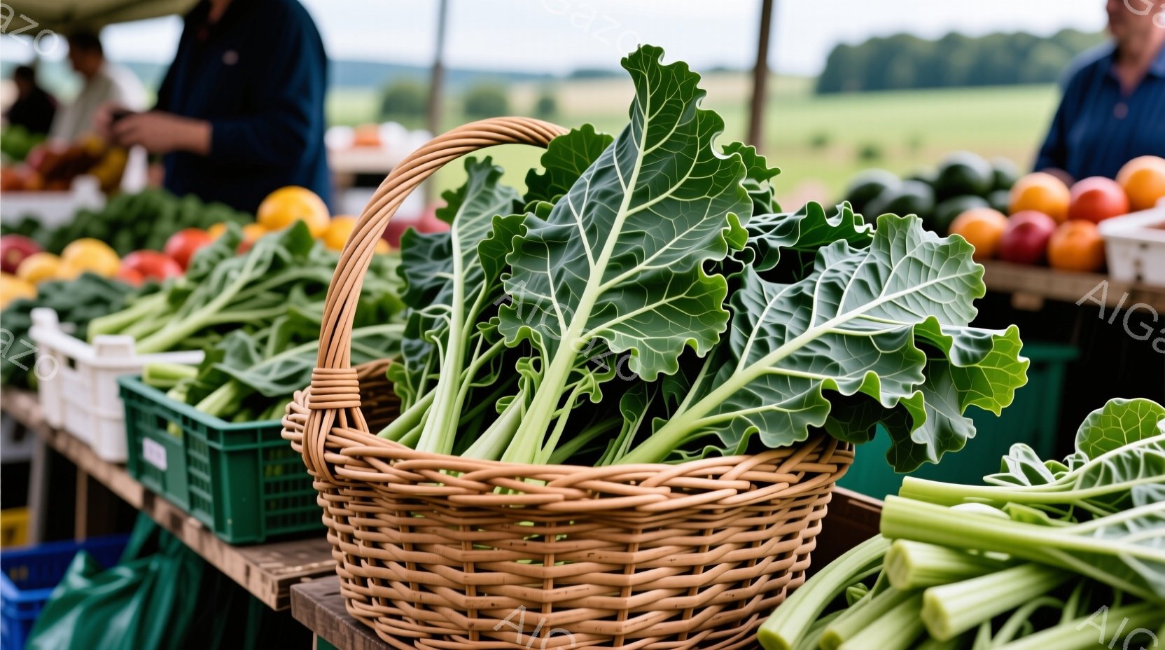 籠の中に緑豊かな野菜が盛られています。背景には、様々な色の野菜や果物が並べられたテーブルと、遠くに見える緑豊かな丘陵地帯が広がっています。全体的に、農産物が新鮮で活気に満ち溢れた、市場の様子を捉えた一枚です。