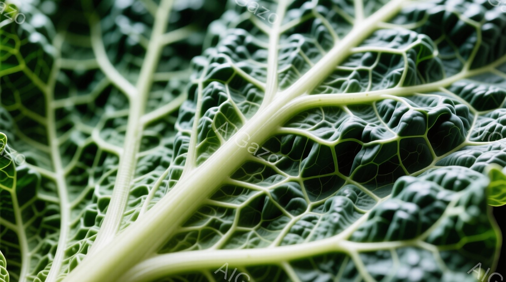 緑色のケールの葉のクローズアップです。葉脈がはっきりと浮かび上がり、葉の表面には細かいシワや凹凸が見られます。明るい緑と白い葉脈のコントラストが鮮やかで、自然の有機的な美しさを強調しています。