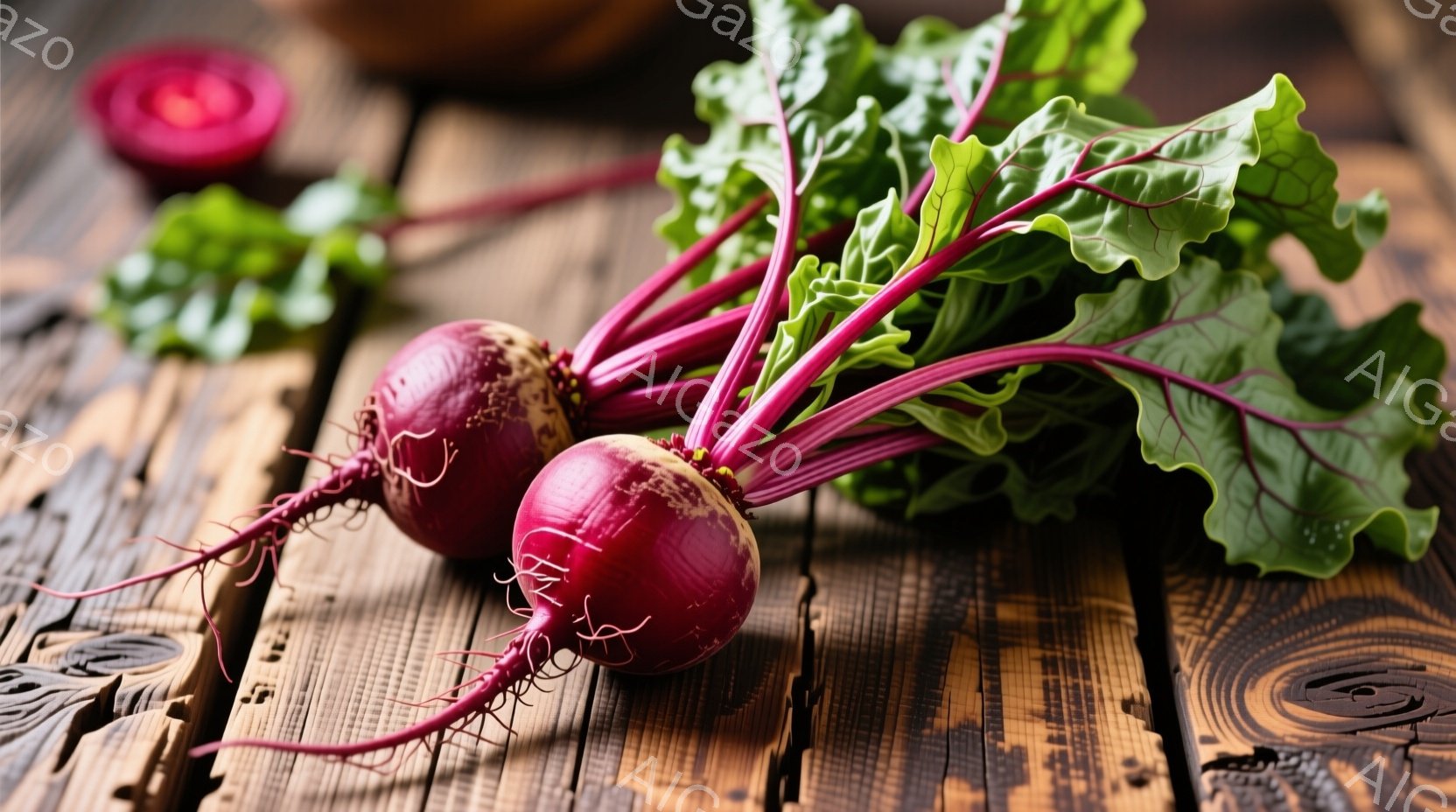 鮮やかな紫色のビーツが、木のテーブルの上に並んでいます。葉は緑豊かで、根の部分は土が付いており、自然な雰囲気を醸し出しています。背景は木製の質感が強調されたテーブルで、素朴で温かみのある印象を与えます - AI生成フリー素材
