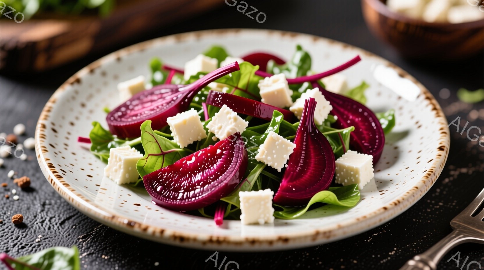 紫色のビーツと白いチーズが、緑色の葉野菜の上に盛り付けられたサラダです。お皿は淡いベージュ色で、縁に装飾が施されています。背景は暗いグレーで、周りに小さな香辛料のようなものが散りばめられており、洗練された雰囲気です。