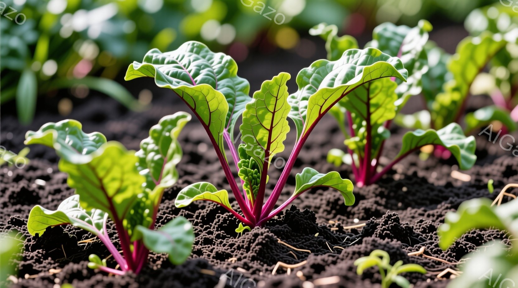 鮮やかな赤色の茎と緑色の葉を持つ若々しいビーツが、暗褐色の土から生えている様子が捉えられています。土はざらざらとした質感で、わずかな乾燥が見られます。背景は土の連続で、明るい光が当たり、植物が際立って見えます。