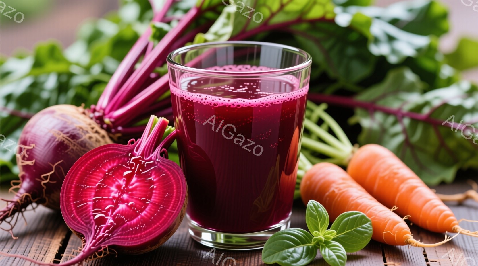 鮮やかな赤色のビーツジュースがグラスに注がれ、その隣には生のビーツ、人参、そしてバジルが置かれています。木製のテーブルの上に配置されており、ビーツの葉が背景を彩り、自然で健康的な雰囲気を醸し出しています。全体的に、健康志向で色彩豊かな、食欲をそそるイメージです。