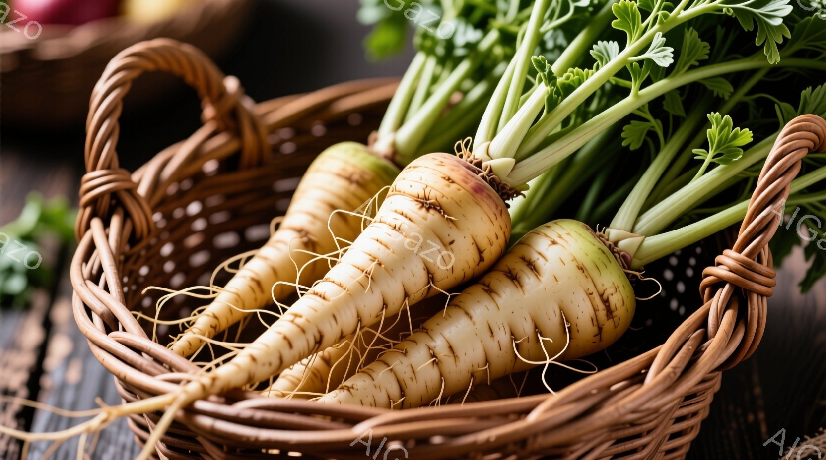 籐編みのバスケットに数本のパースニップが密集して入っています。土が付いた根の部分と緑色の葉が特徴的で、自然な色合いが目を引きます。背景は木製のテーブルで、素朴で温かい雰囲気を醸し出しています。