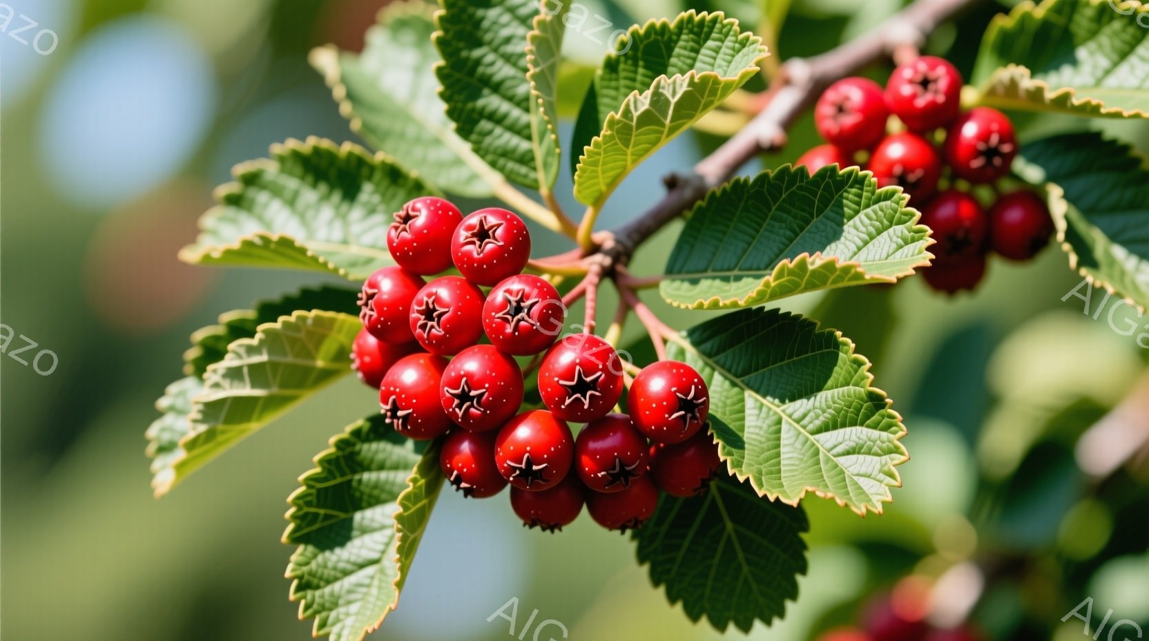 赤い実をつけた植物の枝が写っている。葉は緑色で鋸歯状の縁を持ち、実はいずれも小さな突起がある。背景はぼやけており、緑豊かな自然の中にいることがわかる。 - AI生成フリー素材