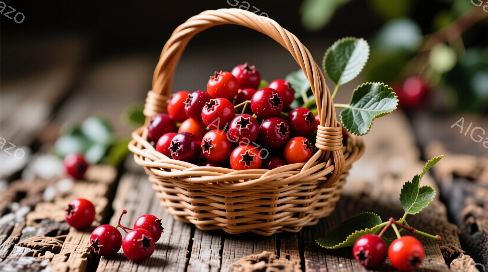 籠の中に赤い実がたっぷり詰まっており、数個の実は籠からこぼれ落ち、古びた木のテーブルの上に散らばっています。鮮やかな赤い実と緑の葉が、木の質感を強調する背景と対照的で、秋の収穫を思わせる暖かく素朴な雰囲気を醸し出しています。全体的に、自然の恵みと素朴な美しさを捉えた静物画のような印象です。