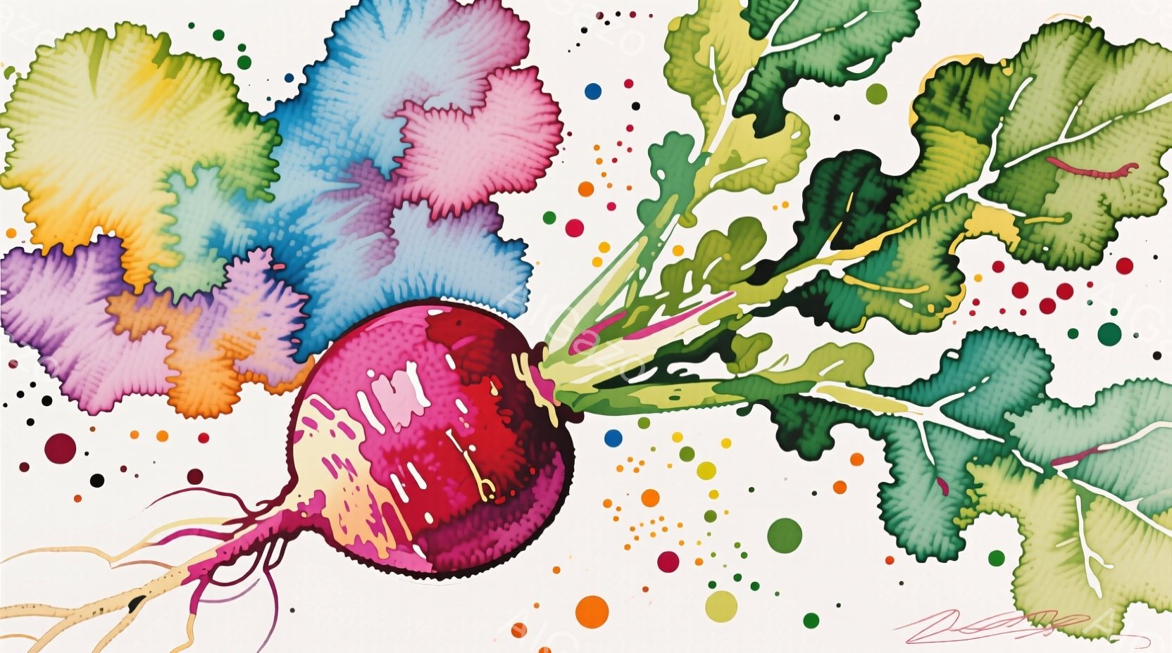 鮮やかな赤と紫のダイコンが描かれています。ダイコンの周りには、緑色の葉が広がり、背景には様々な色の水彩のような斑点が散りばめられています。全体的に、色彩豊かで、生き生きとした雰囲気が感じられます。