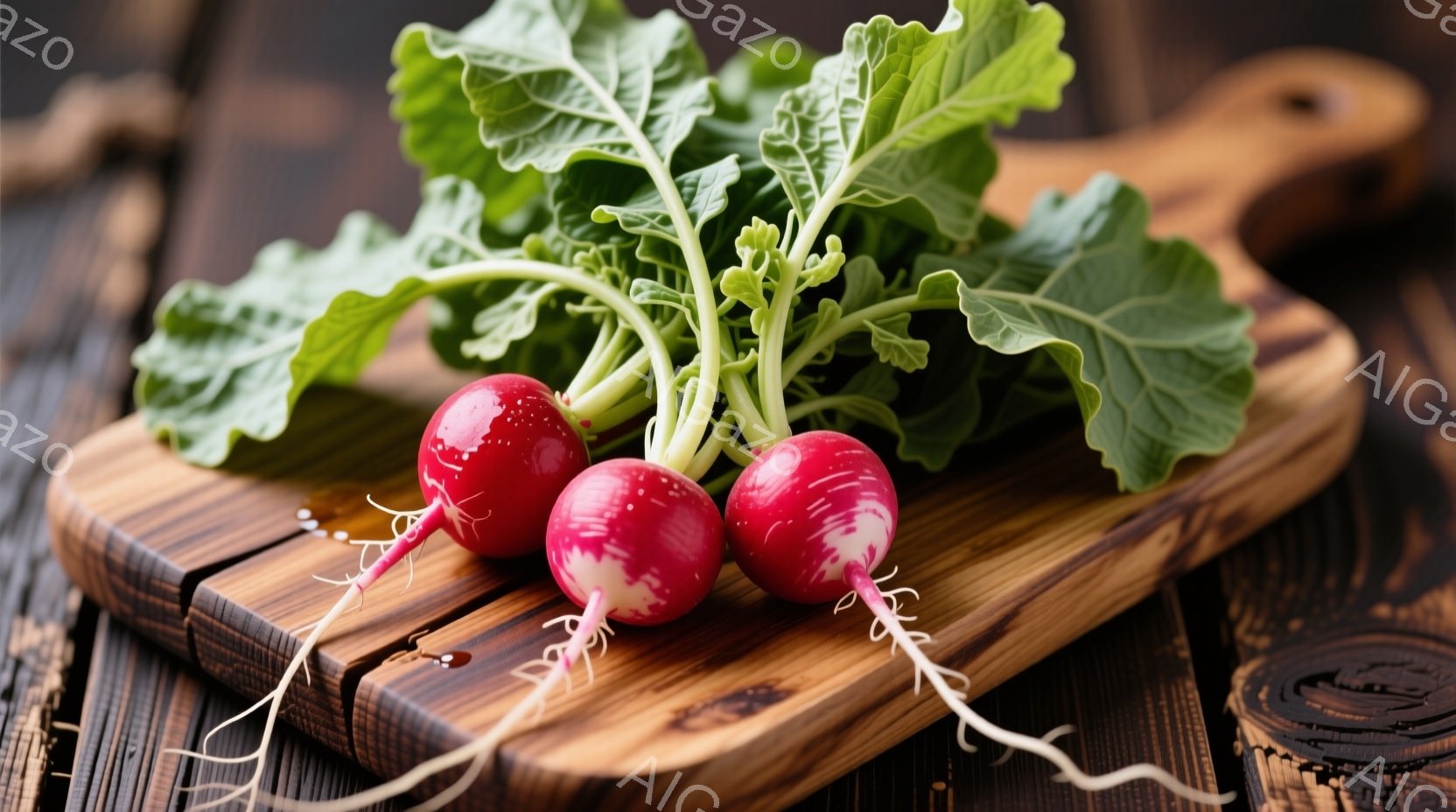 鮮やかな赤色のラディッシュが3つ、木製の板の上に並べられています。土が付いた根と、緑色の葉が特徴的で、素朴な雰囲気を感じさせます。木製の背景は質感が豊かで、ラディッシュの自然な色合いを引き立てています。