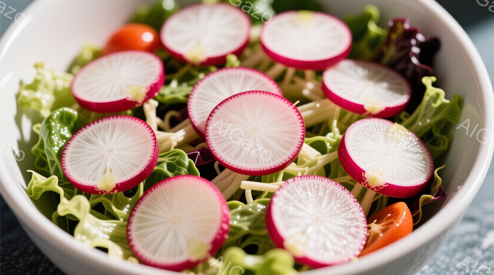白いボウルの中に、細長く切られた黄色い野菜、緑色の葉物野菜、薄切りにした赤と白のダイコンが彩りよく盛り付けられています。ダイコンの薄切りは放射状に線が入っており、見た目にも鮮やかで食欲をそそります。全 - AI生成フリー素材
