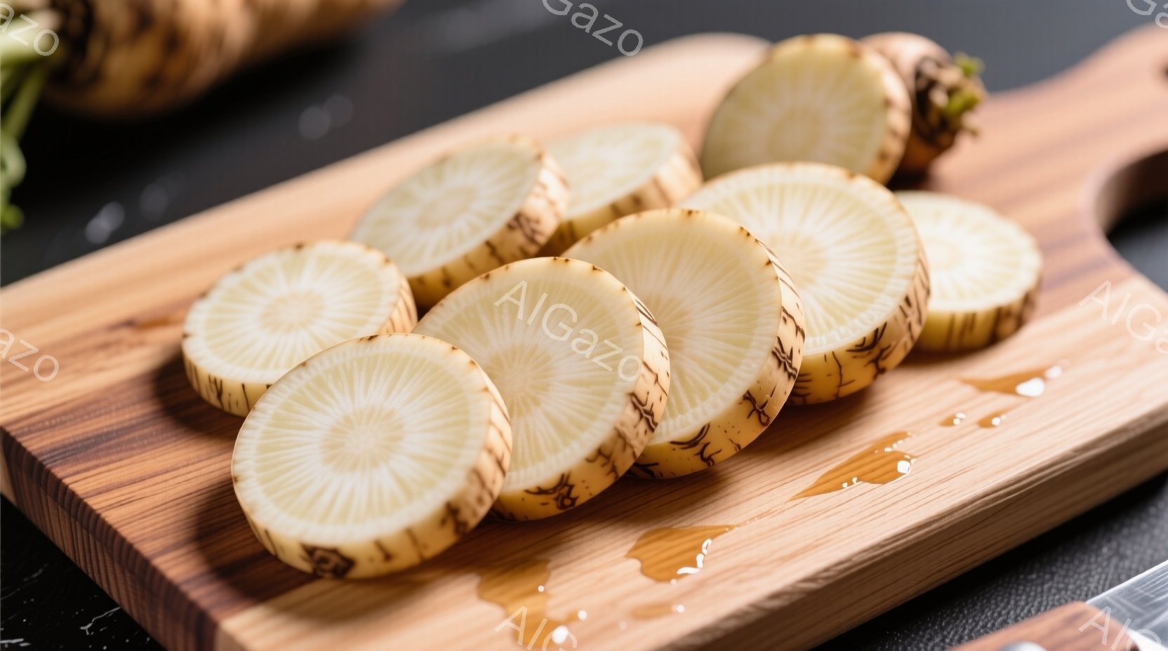 切り分けられた大根のスライスが木製のまな板の上に並べられています。大根の断面は特徴的な円形で、中心に向かって放射状の模様が見て取れます。まな板の表面には水分が若干見られ、全体的にシンプルで清潔感のある印象を与えます。