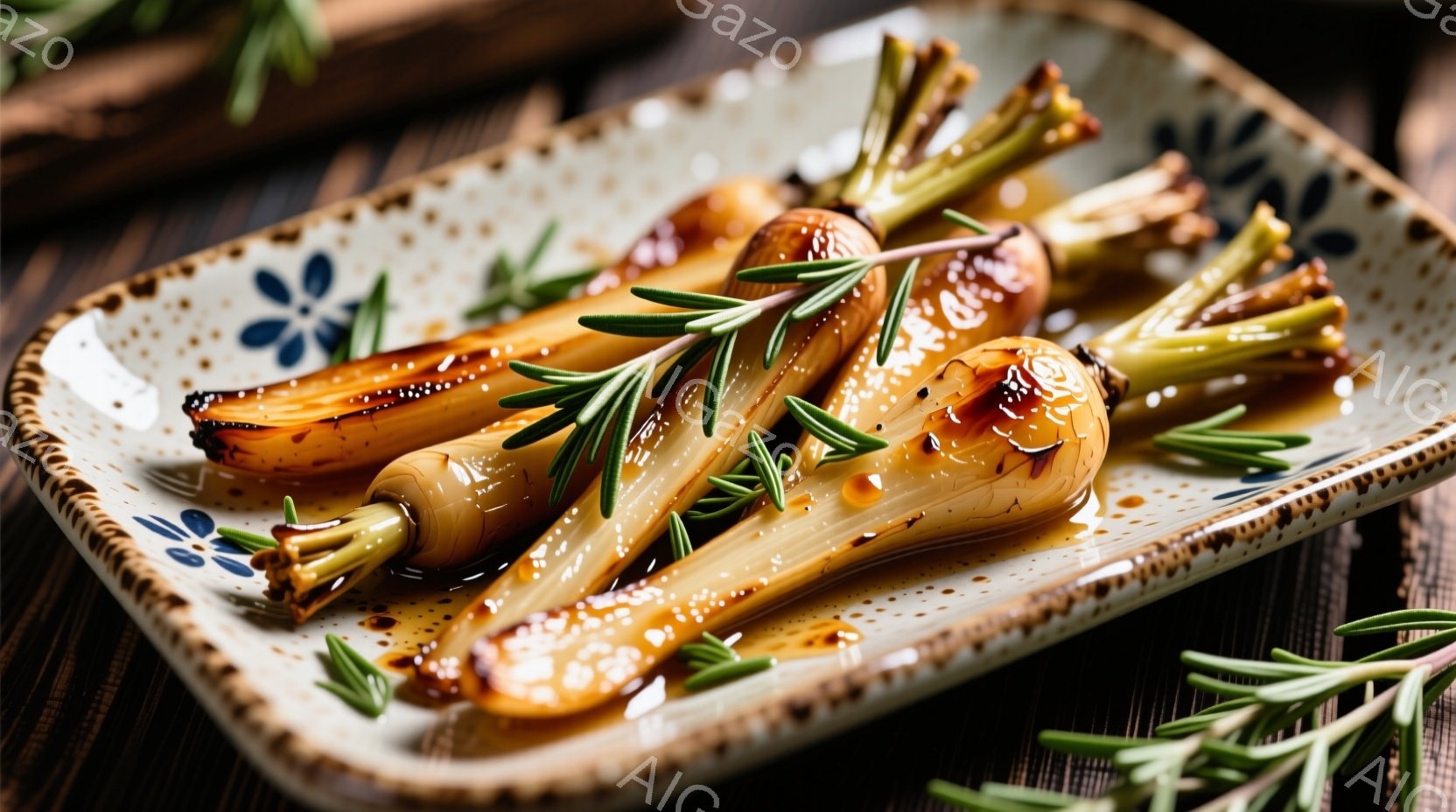 照り焼きされた人参が、素焼きの陶器皿に盛り付けられています。皿の縁は装飾が施され、人参の周りには緑色のハーブ（ローズマリーと思われる）が添えられています。背景は木製の表面で、全体的に暖かく、食欲をそそ - AI生成フリー素材
