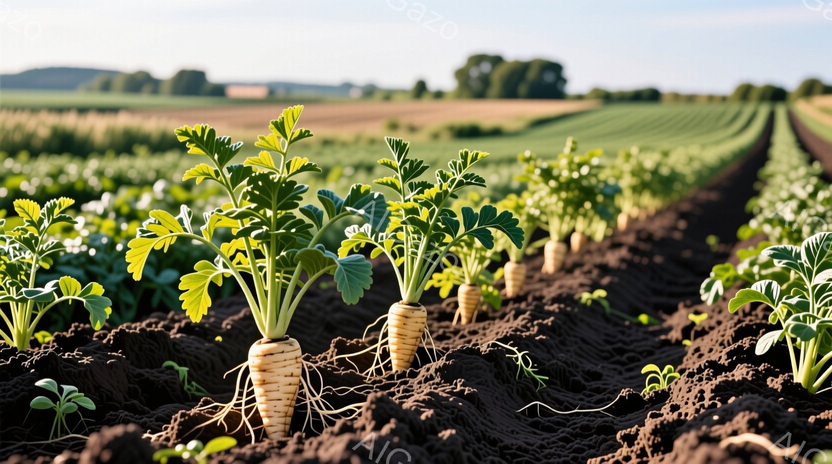 畑には、土から顔を出す根菜が整然と並んでいる。緑豊かな葉が鮮やかで、土の色とのコントラストが美しい。遠景には緑の畑が広がり、穏やかな春または夏の日の自然な雰囲気を醸し出している。