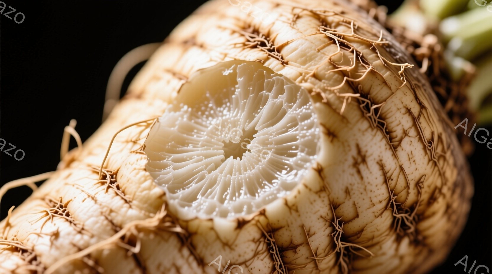 根茎野菜の断面のクローズアップです。切り口は放射状に広がり、内部の繊維質構造が詳細に表現されています。土や根の残りがわずかに見られ、自然な質感と有機的な雰囲気を醸し出しています。