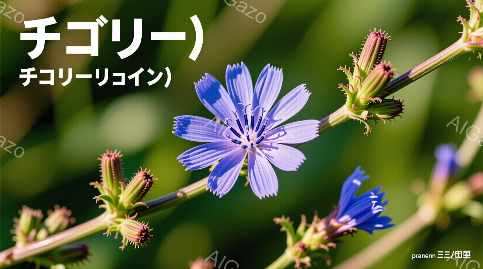 鮮やかな青色のキキョウの花をクローズアップしたものです。花びらは細長く、中心部は黄色い花粉で覆われています。背景には緑豊かな植物がぼやけており、自然の中で撮影されたことがわかります。 - AI生成フリー素材