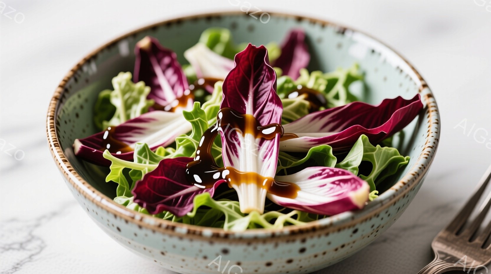 鮮やかな緑と紫色の葉野菜が、素朴な水色のボウルに盛り付けられています。照り輝くソースが葉の上を流れ、食欲をそそる様子が映し出されています。背景は白く、フォークが添えられ、シンプルながら洗練された雰囲気が漂っています。