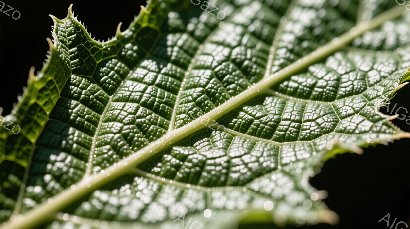 鮮やかな緑色の葉の裏側がクローズアップで捉えられています。葉脈が細かく網目状に広がり、表面には小さな水滴が光を反射して輝いています。背景は暗く、葉の質感が際立って見え、自然の美しさを感じさせます。 - AI生成フリー素材