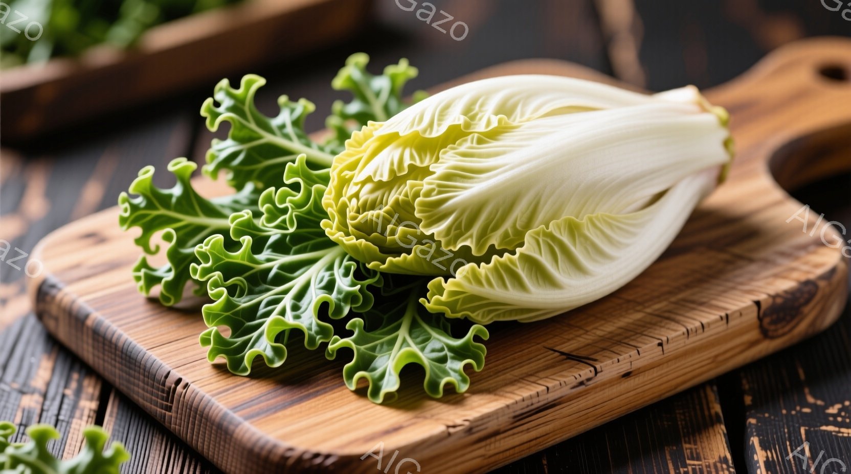 浅い木製のまな板の上に、緑色の葉野菜が置かれています。葉はカールしており、新鮮な印象を与えます。背景は暗い木目調で、野菜の緑色が際立っています。 - AI生成フリー素材