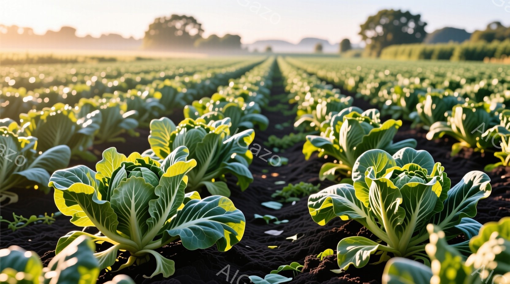 広大な畑にキャベツが整然と並んでおり、黒いマルチフィルムが敷かれている。朝日が差し込み、キャベツの緑と畑の土のコントラストが際立っている。遠景には緑豊かな木々が見え、穏やかで平和な田園風景が広がっている。