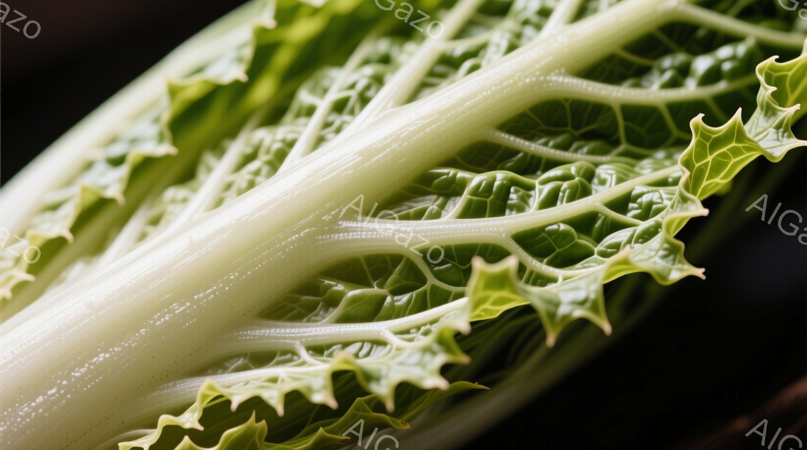 鮮やかな緑色の葉野菜のクローズアップ写真です。葉脈がはっきりと浮かび上がり、葉の縁はギザギザとした独特の形をしています。背景は暗く、葉の緑色が際立っており、植物の生命力を感じさせる印象的な一枚です。