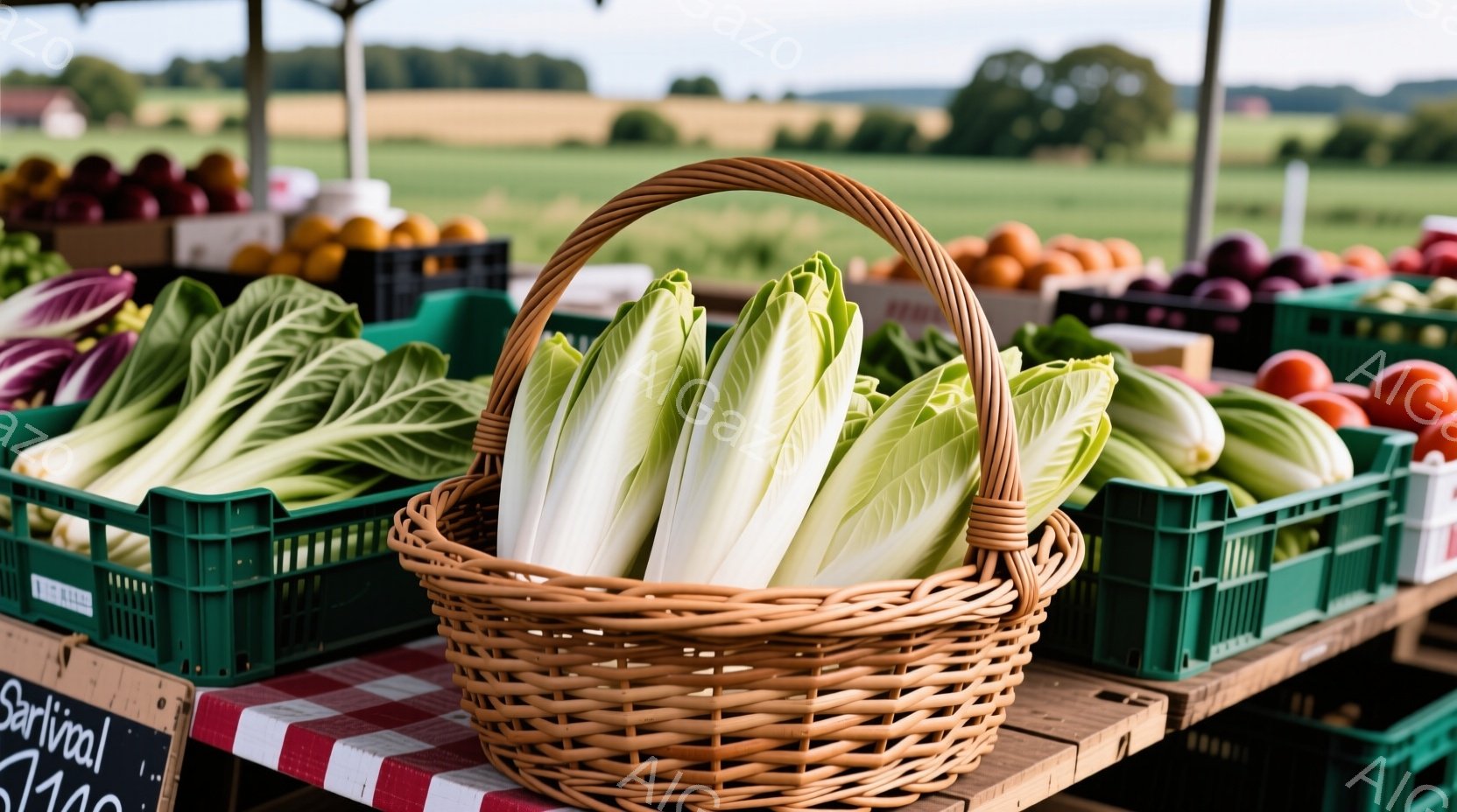 籠いっぱいの新鮮な白菜が、緑色のプラスチック製ケースの上に置かれた市場の様子が写っている。背景には、様々な色の野菜や、遠くには緑豊かな畑が広がり、晴れた日の屋外市場の活気を感じさせる。全体的に、豊かで - AI生成フリー素材
