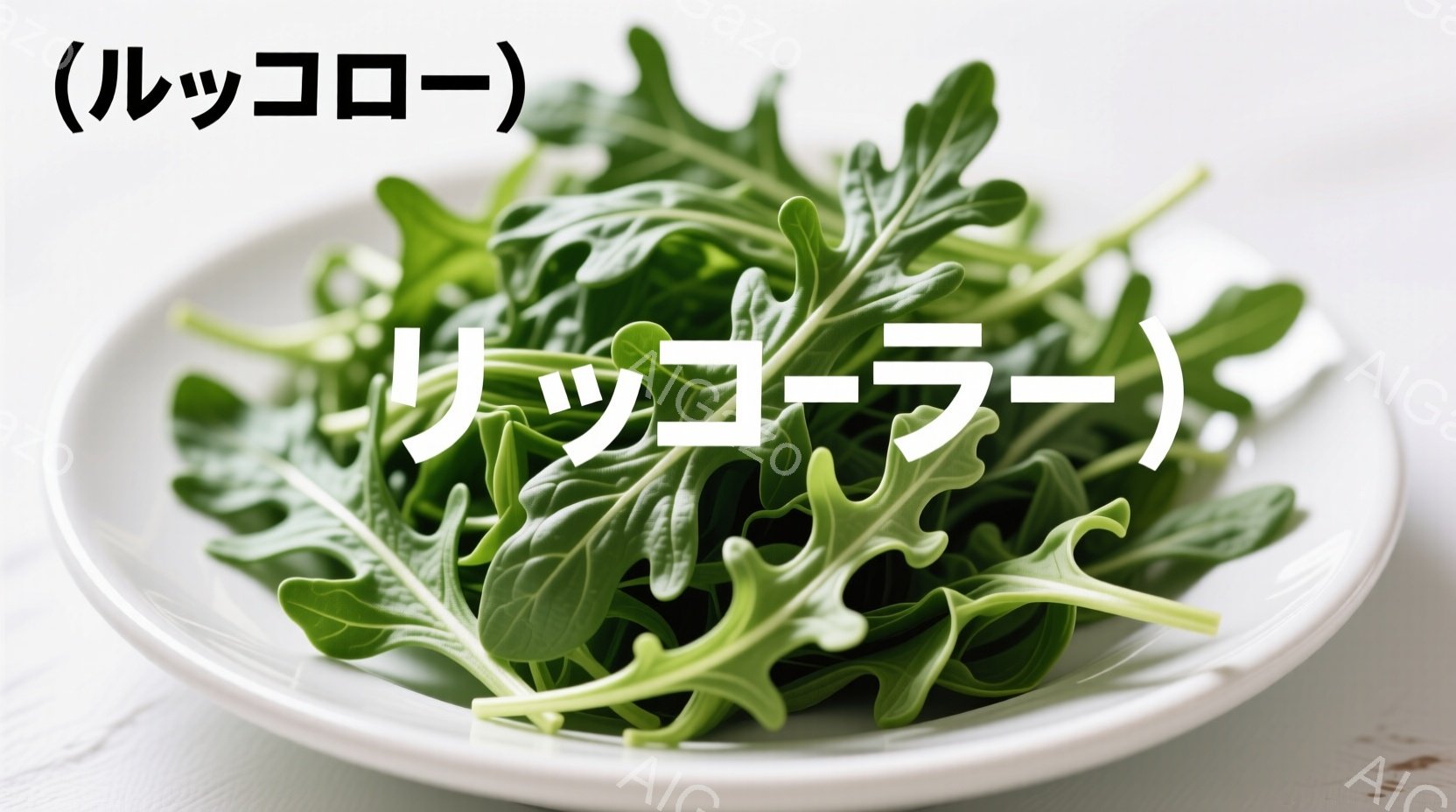 白い皿にルッコラが山積みに盛られています。葉は鮮やかな緑色で、波状の縁が特徴的です。背景は明るい木製のテーブルで、全体的に爽やかで食欲をそそる雰囲気です。