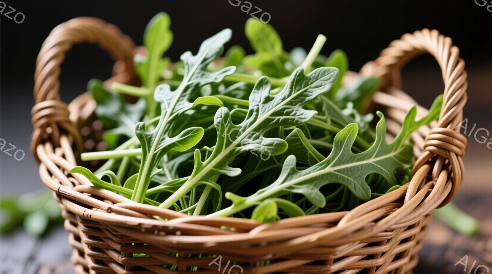 籠の中に緑豊かなルッコラがぎっしりと詰まっています。籠は茶色い籐で編まれており、自然な風合いが感じられます。背景は暗く、ルッコラの鮮やかな緑色が際立っています。 - AI生成フリー素材