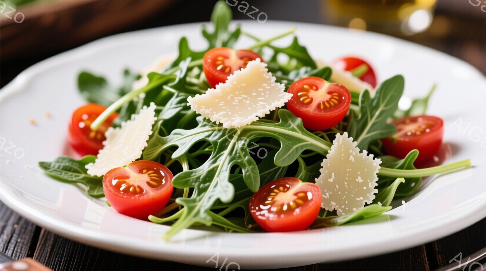 白い皿にルッコラとミニトマトのサラダが盛り付けられています。ミニトマトは半分にカットされ、ルッコラの緑と鮮やかな赤色がコントラストをなしています。皿の周りに削りチーズが散りばめられ、サラダに風味を加えているようです。