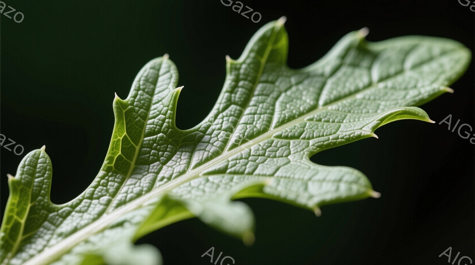 鮮やかな緑色の葉が、暗い背景の中でクローズアップされている。葉脈がはっきりと浮かび上がり、葉の表面の微細な凹凸が捉えられている。全体的に、生命力と自然の繊細さを感じさせる静謐な雰囲気である。