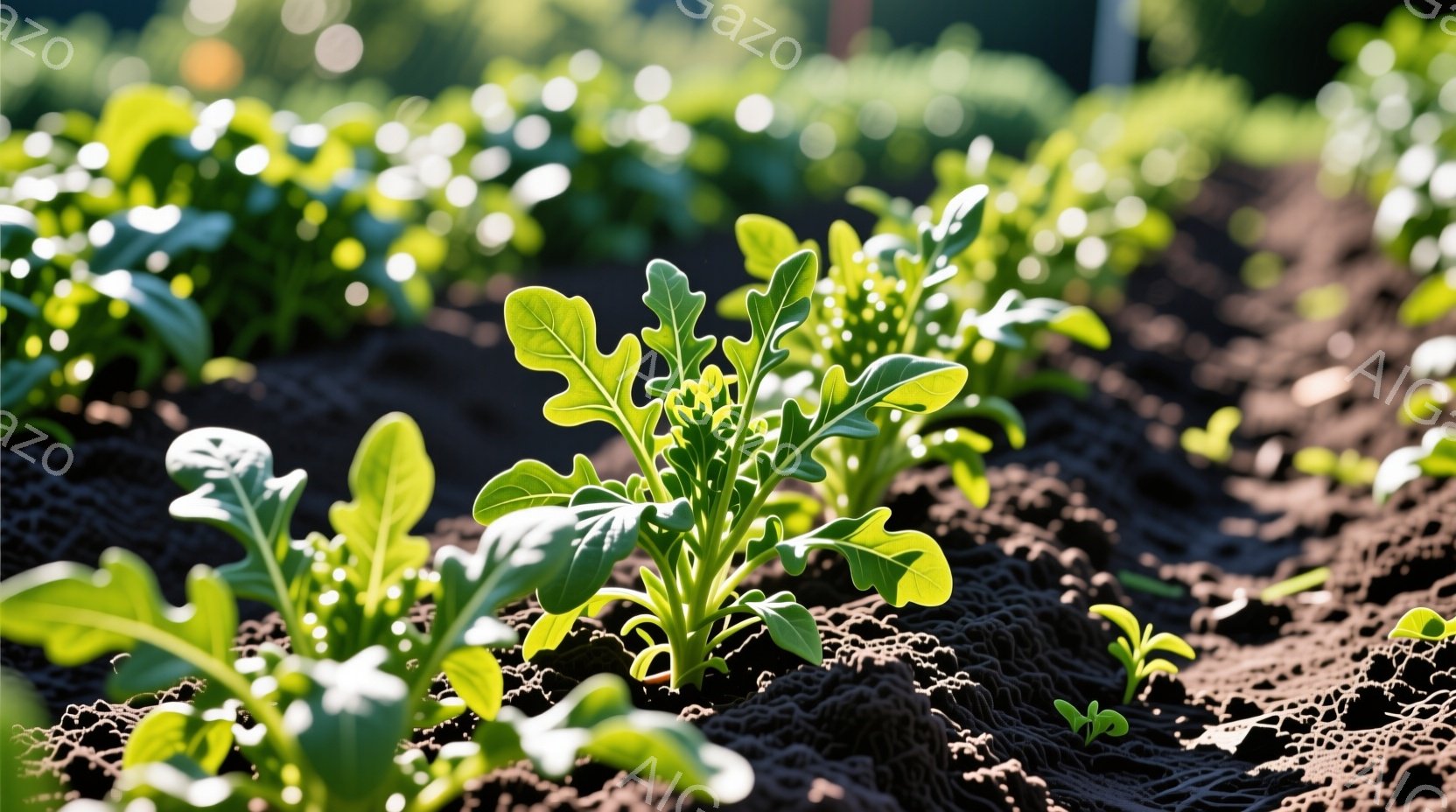 畑の土の上に、若々しい緑色の葉野菜が密集して生えている様子が写っている。黒いマルチシートが敷かれた土壌は、湿っていて植物の成長を助けているように見える。柔らかい自然光が葉を照らし、新鮮で生命力溢れる雰囲気を醸し出している。