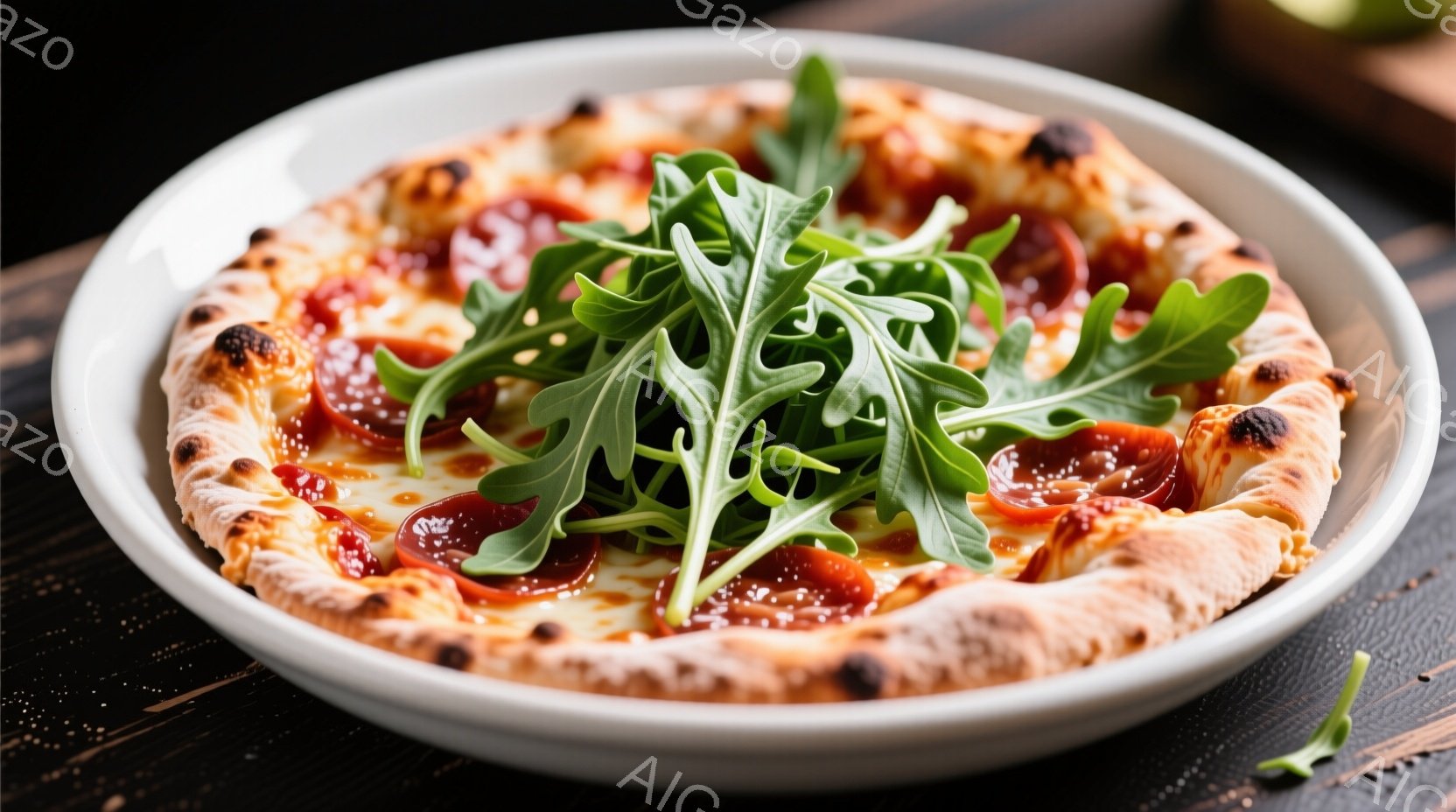 窯焼きピザが白い皿に盛り付けられています。ピザ生地は焦げ目がついており、トマトソース、ペパロニ、そして新鮮なルッコラがトッピングされています。背景は暗い木製テーブルで、ピザの鮮やかさを引き立てています。