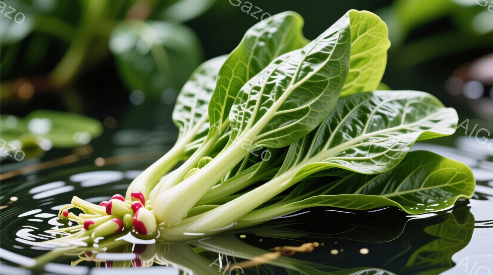 鮮やかな緑色の小松菜が、黒い背景に映る水面に浮かんでいる様子が捉えられています。茎の部分には、うっすらとピンク色の蕾が見え、水面にはその反射が波紋のように広がっています。全体的に落ち着いた雰囲気で、食材の瑞々しさが際立っています。