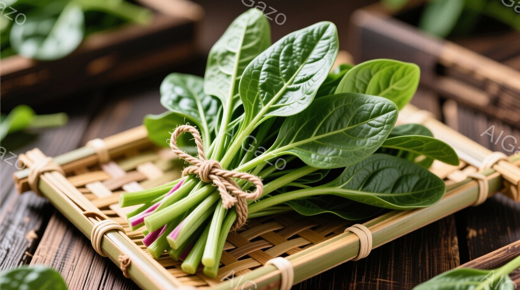 鮮やかな緑色の小松菜が、麻紐で束ねられ、竹製の浅いかごに置かれています。かごは木目の美しい濃い茶色の台の上に置かれ、背景には他の野菜が見えます。全体的に自然で素朴な雰囲気で、新鮮な食材の美味しさを感じさせます。