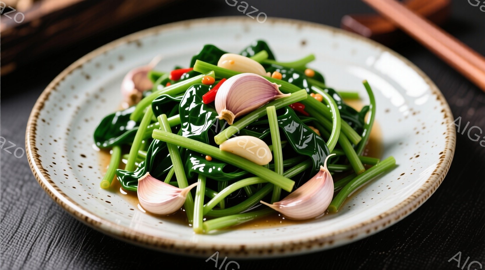 浅緑色の縁取りのある白い皿に、細長く切られた緑色の野菜と、数個の丸いニンニクが盛り付けられています。野菜は光沢があり、赤い唐辛子の小片がアクセントとして散らされています。背景は暗く、右上に茶色の箸がわ - AI生成フリー素材
