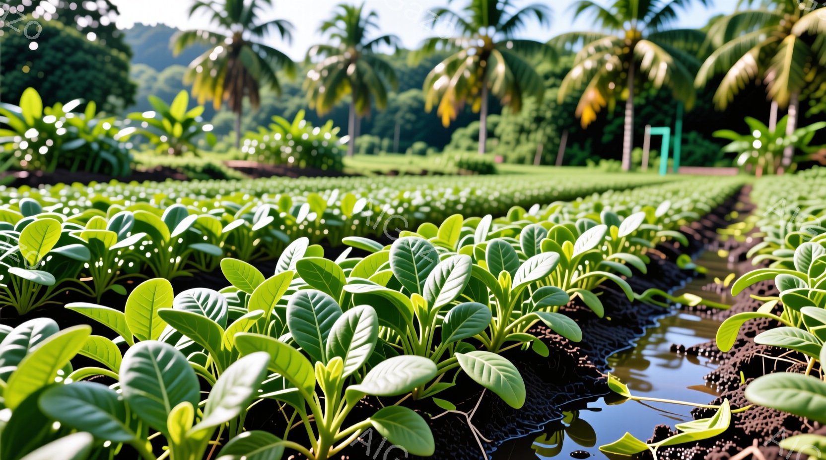 広大な畑には、緑豊かなタバコの葉が整然と植えられており、水路が畝の間を流れている。背景にはそびえ立つヤシの木々と緑の丘が見え、晴れた日の穏やかな田園風景が広がっている。全体的に、自然豊かで静けさに満ちた、平和な雰囲気が漂っている。