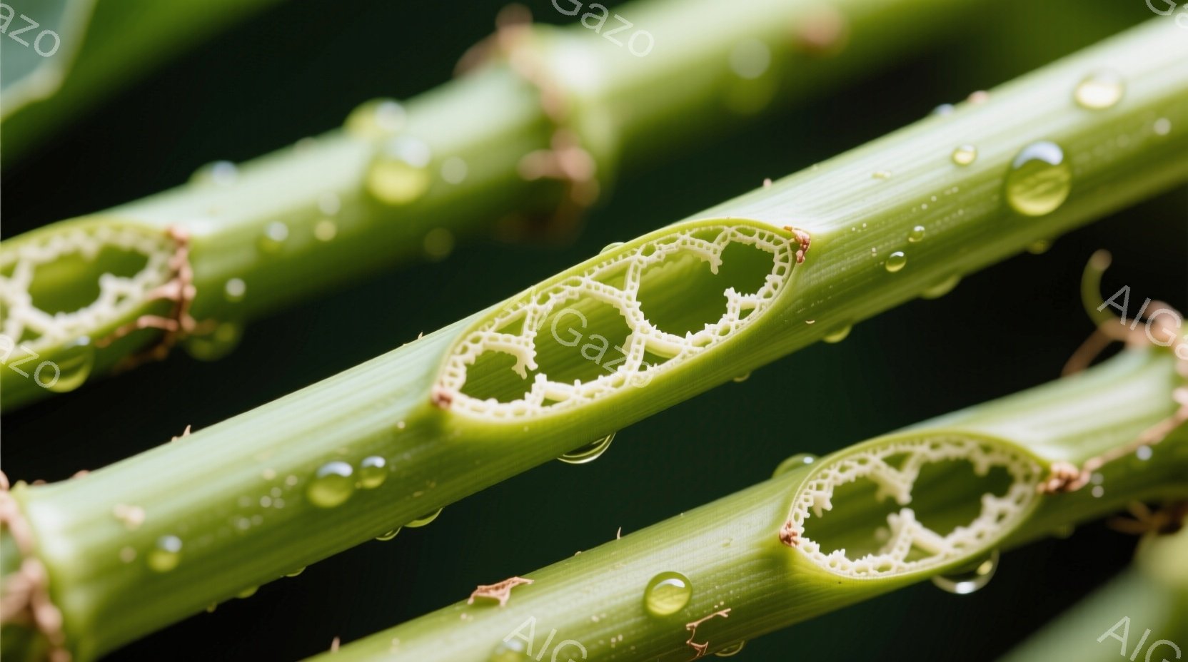 鮮やかな緑色の竹がいくつか、互いに並んで写っている。竹の節には、精巧な模様が彫刻されており、水滴が表面に点在し、湿った様子が伺える。背景は深い緑色で、竹林の中にいるような、静かで落ち着いた雰囲気を醸し出している。
