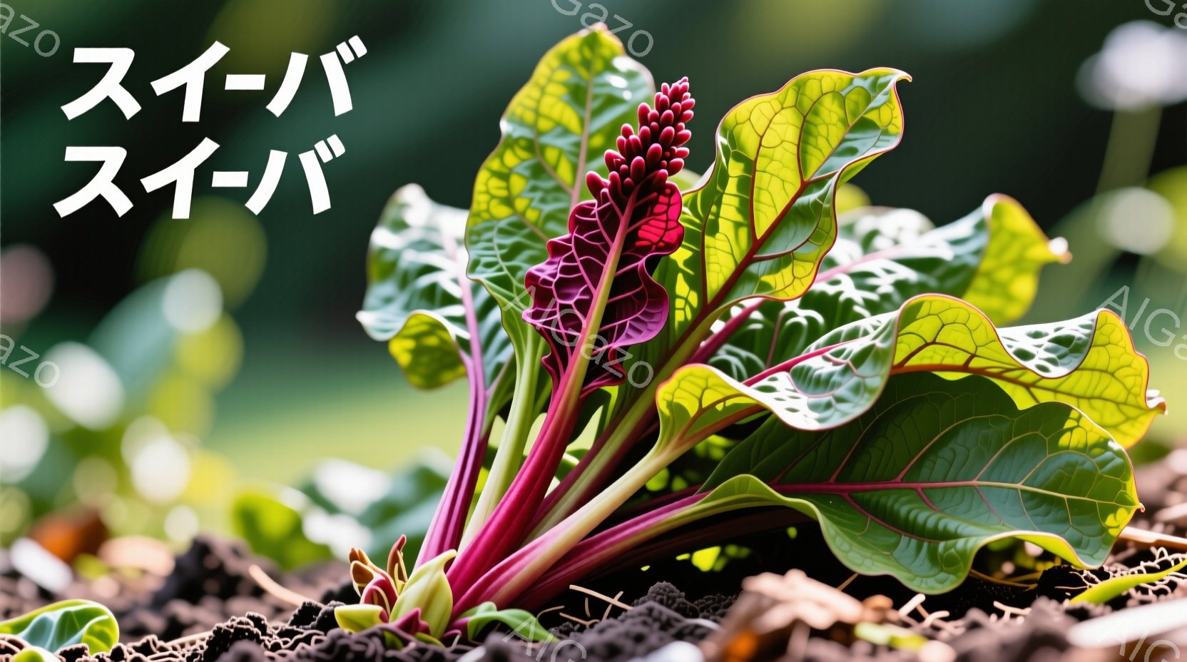 赤と緑の美しい葉野菜が土の中から生えている様子を捉えたクローズアップ写真です。葉は赤みがかった茎に支えられ、明るい光の中で鮮やかに輝いています。背景には他の植物の緑がぼやけて見え、自然な雰囲気を感じさせます。