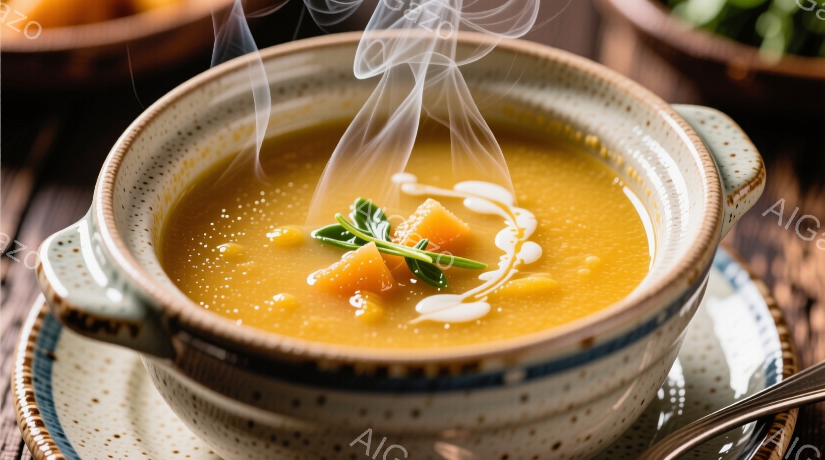 陶器の器に、オレンジ色のスープが湯気を上げている様子が写っている。スープの表面には白いクリームが模様のように描かれ、刻んだハーブが添えられている。背景は木製のテーブルで、全体的に温かく、食欲をそそる雰 - AI生成フリー素材