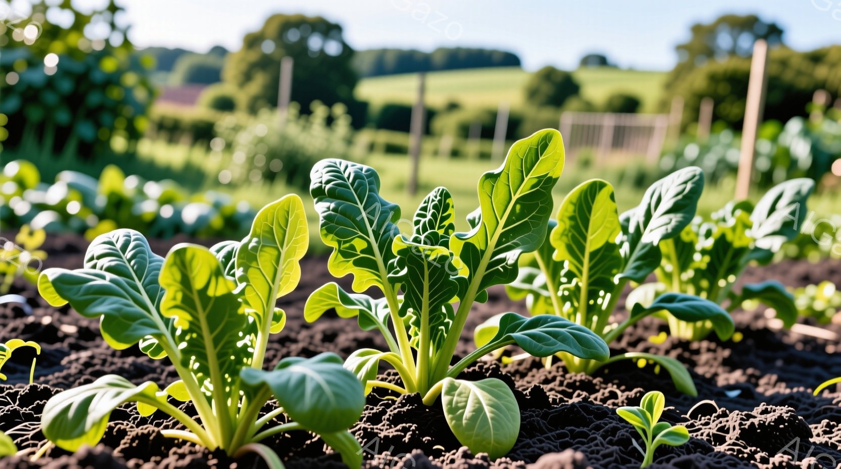 肥沃な黒土畑に、若々しい緑の葉野菜が密集して生えています。背景には、緑豊かな丘陵地帯と、木製の柵が点在しており、晴天の下、穏やかな田園風景が広がっています。全体的に、新芽の力強さと自然の恵みを感じさせる、希望に満ちた光景です。