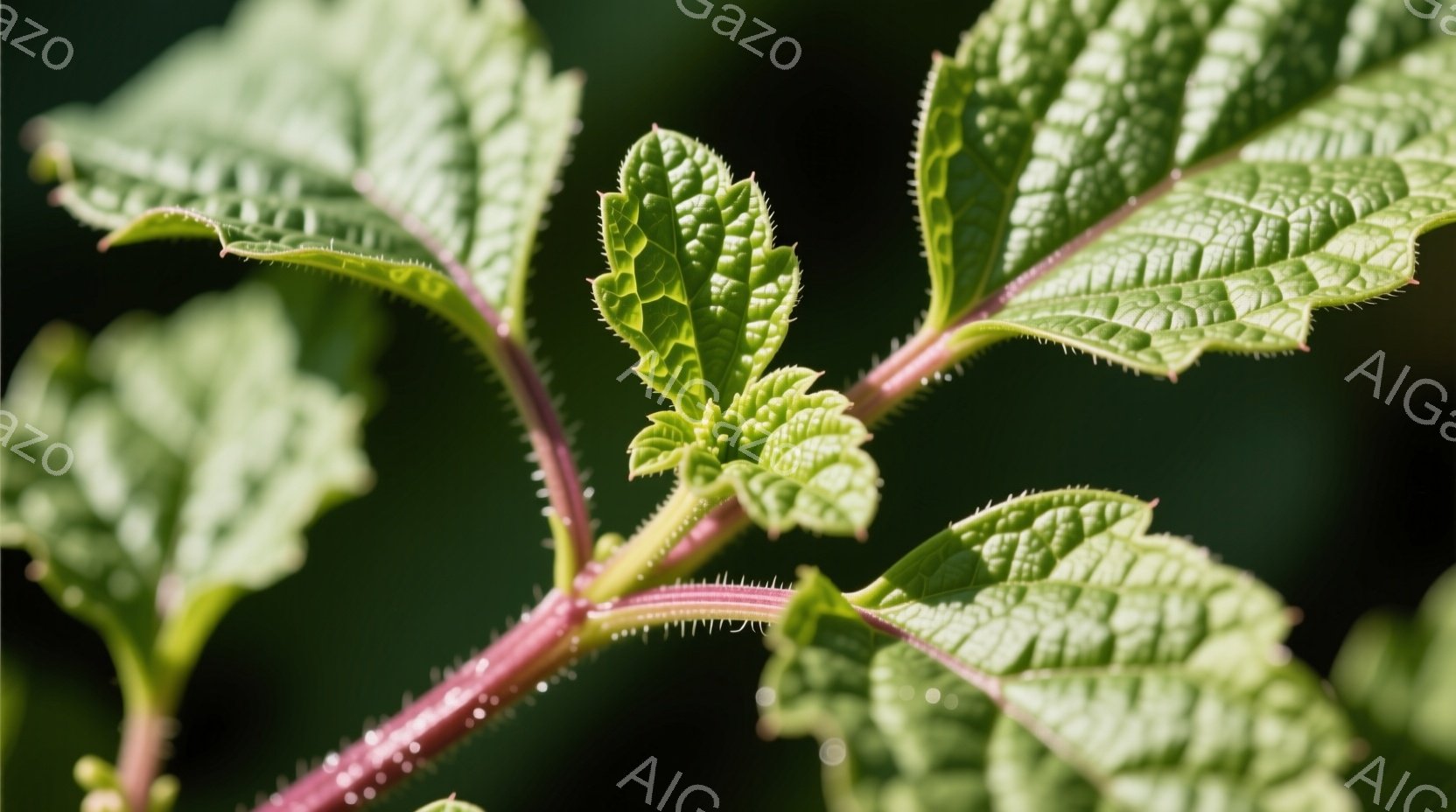 若々しい緑色の葉が、ピンク色の茎に沿って伸びています。葉脈がはっきりと見え、葉の縁には細かいギザギザがあります。背景は暗い緑色で、光が葉を照らし、鮮やかなコントラストを生み出しています。