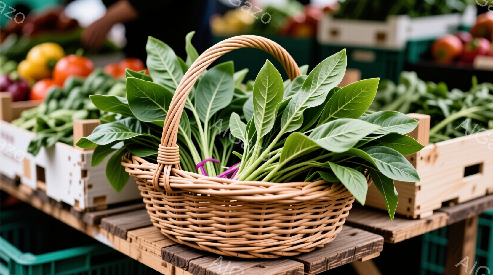 籠の中に緑色の葉野菜がたっぷり詰まっており、鮮やかな緑色が目を引きます。籠は木製の台の上に置かれ、背景には他の野菜が入った木箱が並んでいます。全体的に市場や農産物直売所のような雰囲気で、新鮮な食材が並 - AI生成フリー素材