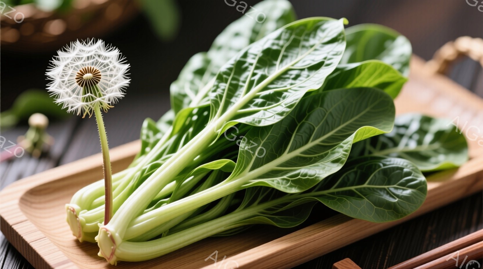 鮮やかな緑色の小松菜が、木製の長方形のトレーに整然と並べられています。菜の花の茎が一本添えられており、背景にはぼやけた木製の道具や別の植物が見えます。全体的に、自然で健康的な食生活を連想させる、シンプ - AI生成フリー素材
