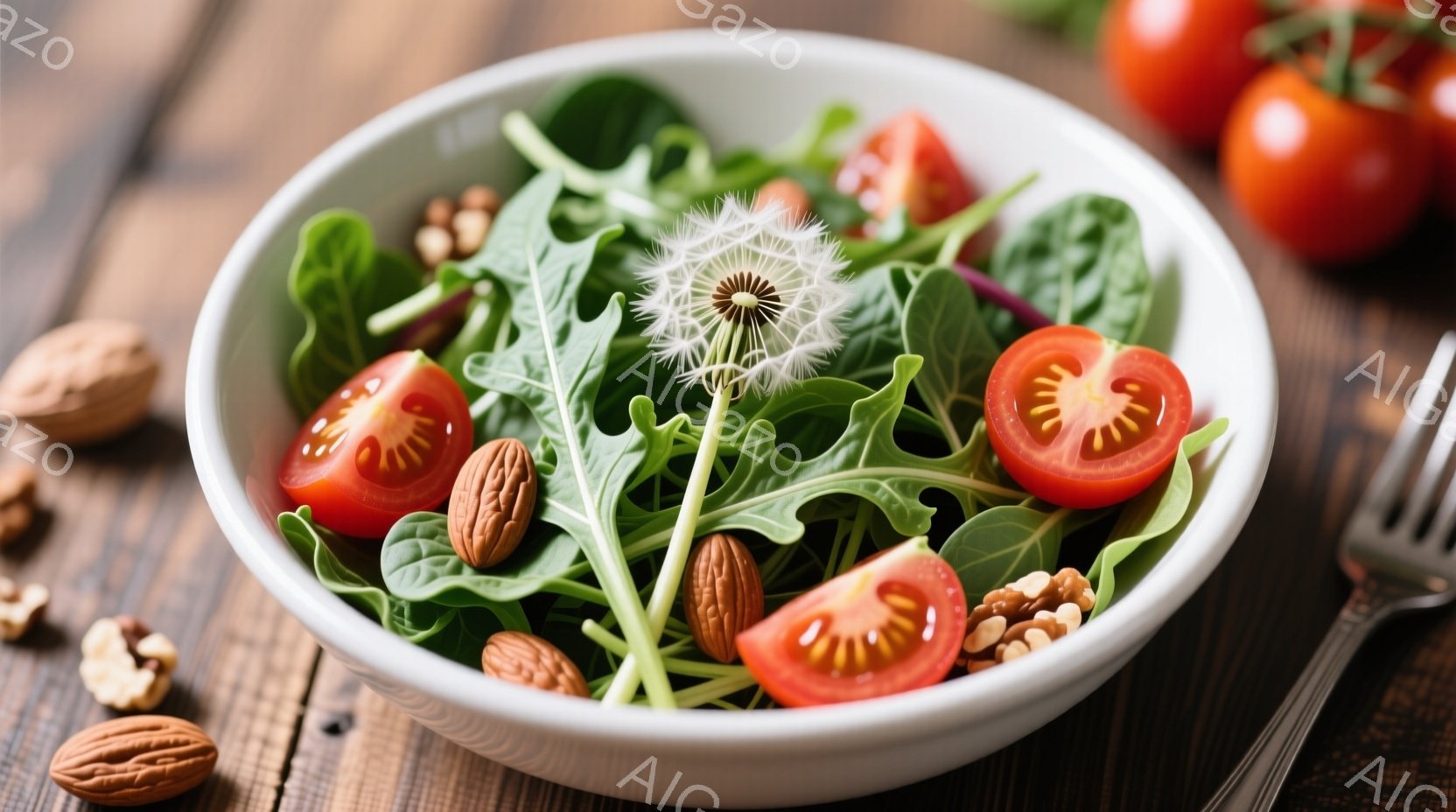 白いボウルに、ルッコラ、トマト、アーモンド、クルミ、タンポポの綿毛が入ったサラダが盛り付けられています。木製のテーブルの上に置かれ、ボウルは右側にフォークが添えられています。全体的に、健康的で自然な雰囲気の、明るい色のサラダです。