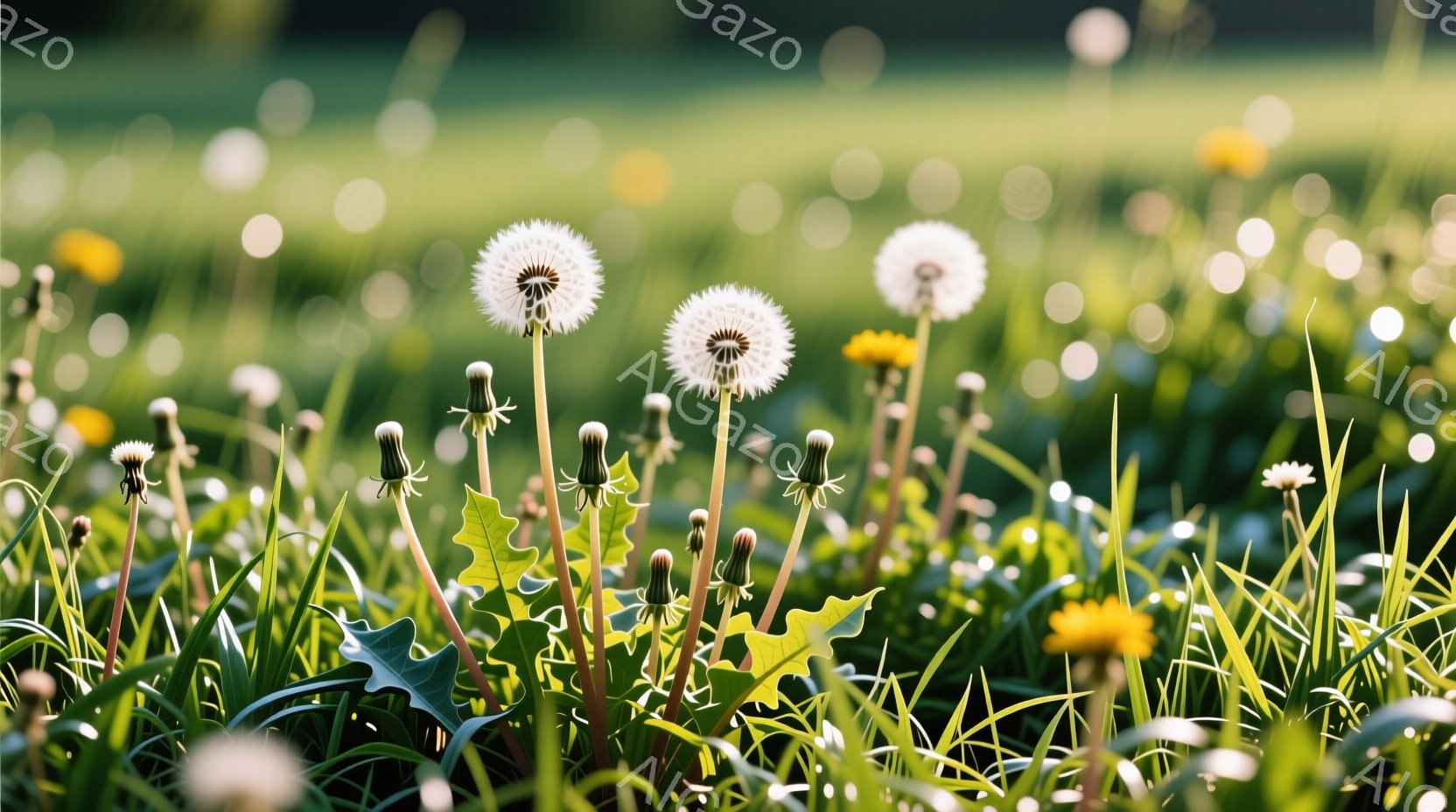 広大な草原にタンポポが咲き乱れ、緑の葉と白い綿毛が鮮やかなコントラストを描いています。背景はぼやけており、柔らかな光が全体を包み込み、穏やかで牧歌的な雰囲気を醸し出しています。綿毛は風にそよぎ、春の暖かさと生命力を感じさせます。