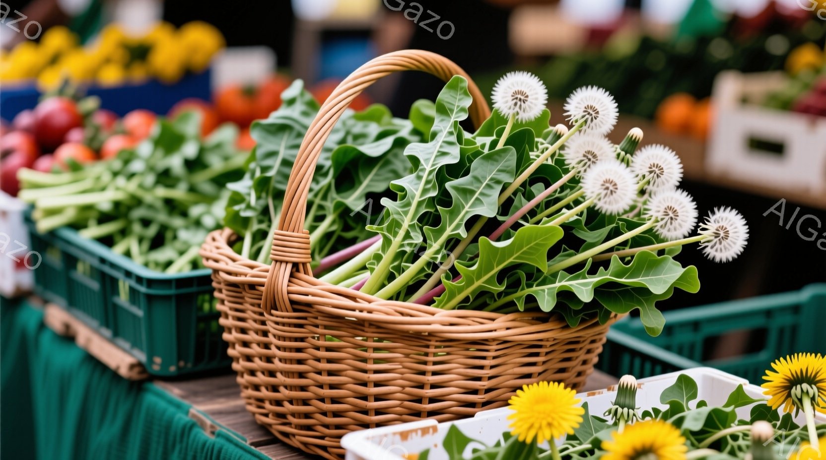 籐編みのバスケットにタンポポの花束が活けられています。背景には緑色のプラスチック製の箱と、赤く熟したトマトが積み上げられた様子が見え、市場のような賑やかな雰囲気が感じられます。全体的に明るく、自然の恵みが豊かに表現された、温かみのある光景です。