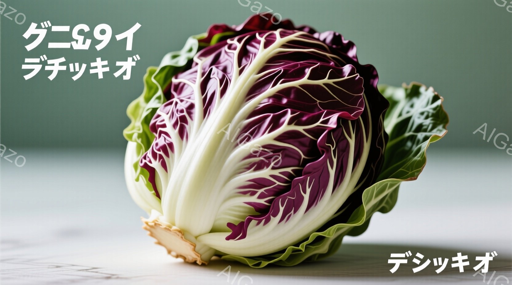 紫色のキャベツが写っています。キャベツは緑と紫の縞模様で、葉は密に重なり合っており、新鮮でみずみずしい印象を与えます。背景は淡い緑色で、キャベツが引き立つようにシンプルに構成されています。 - AI生成フリー素材